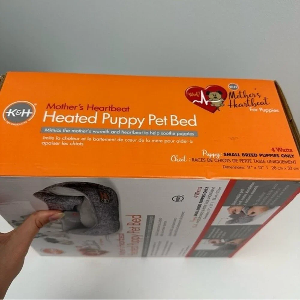 K&H Mother's Heartbeat Grey Heated Puppy Pet Bed Dog Animal Comfy Sleep Nap